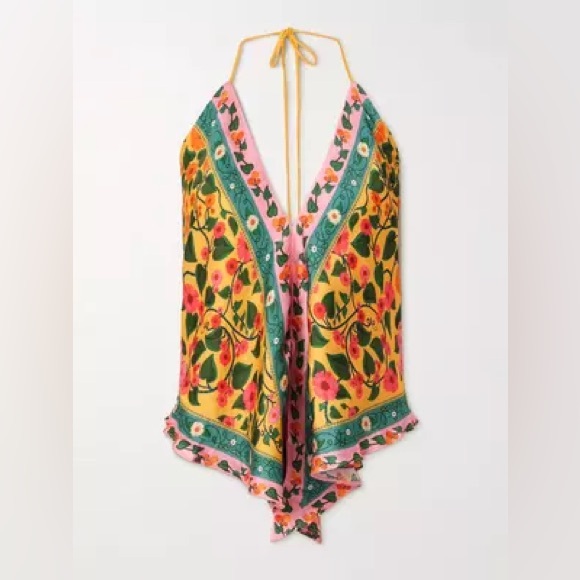 Farm Rio x Anthropologie Floral Pink Heart Printed Satin Halter Top Shirt sz XS - Picture 3 of 6